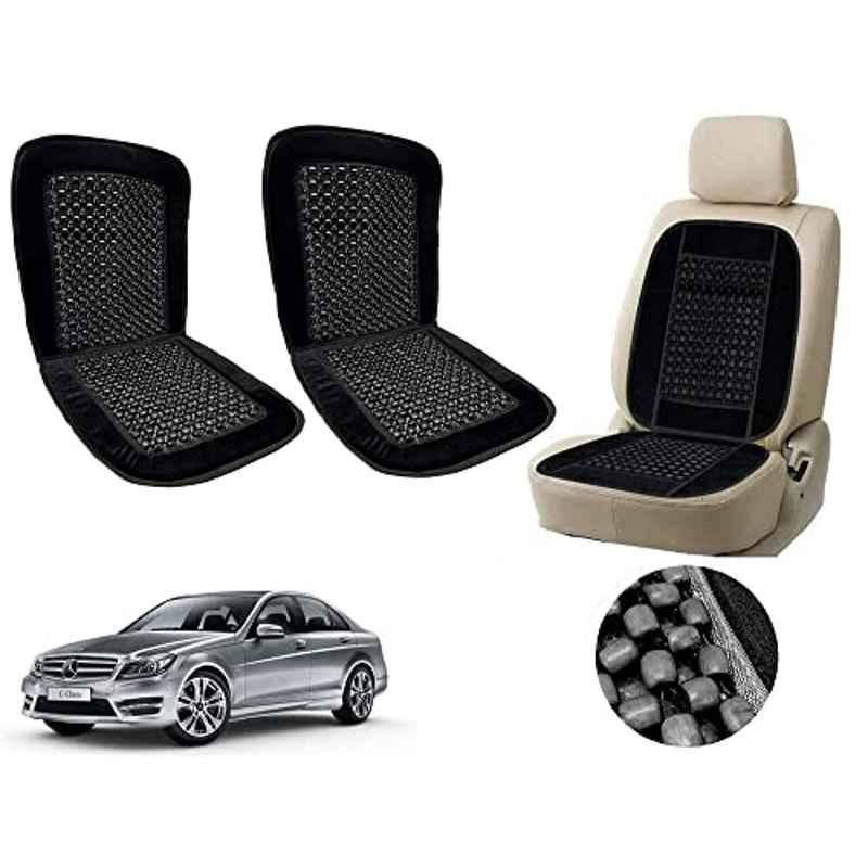 Auto Pearl PU, Velvet & Wooden Beads Black Rectangular Seat Cushion for Mercedes Benz C-Class (Pack of 2 )