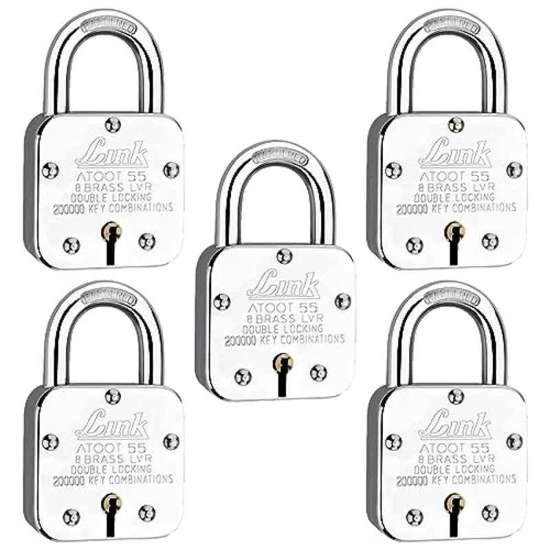 Link 55mm Steel Hardened Shackle Padlock with 8 Brass Lever, 3 Silver Keys & Free Key Hanger, Atoot 55 (Pack of 5)