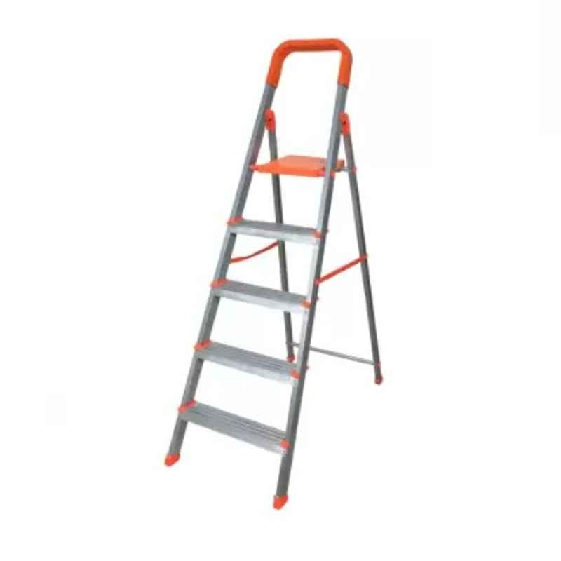 Alnico 5 Steps 150kg Silver & Orange Aluminium Foldable Hybrid Ladder with Platform