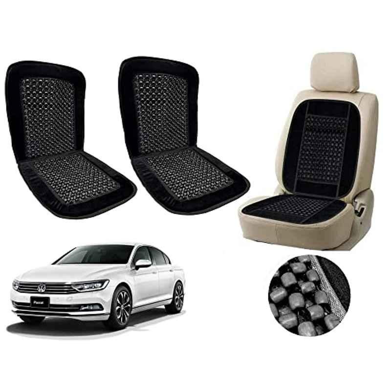 Auto Pearl PU, Velvet & Wooden Beads Black Rectangular Seat Cushion for Volkswagen Passat (Pack of 2 )