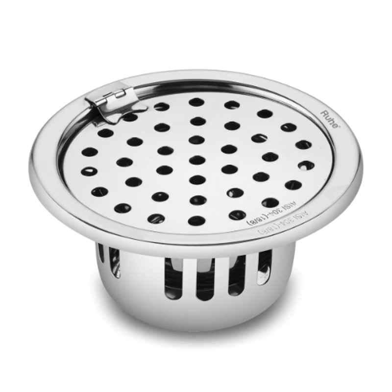 Ruhe 5 inch Stainless Steel 304 Gloss Finish Floor Drain with Collar, Hinge & Cockroach Trap, 16-0408-11