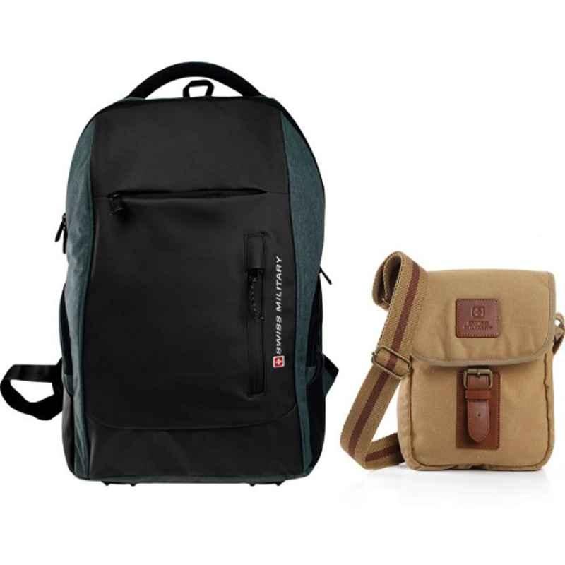 Swiss Military 29 Litre Polyester Black xxlarge Laptop Backpack & Canvas Beige Sling Bag Combo, LBP89_CAN3