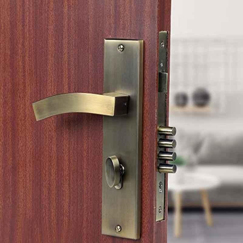 Saze 10 inch Stainless Steel Antique Brass Finish Cylindrical Plate One Side Key Mortise Door Lock Handle Set with 3 Keys, LB-10002