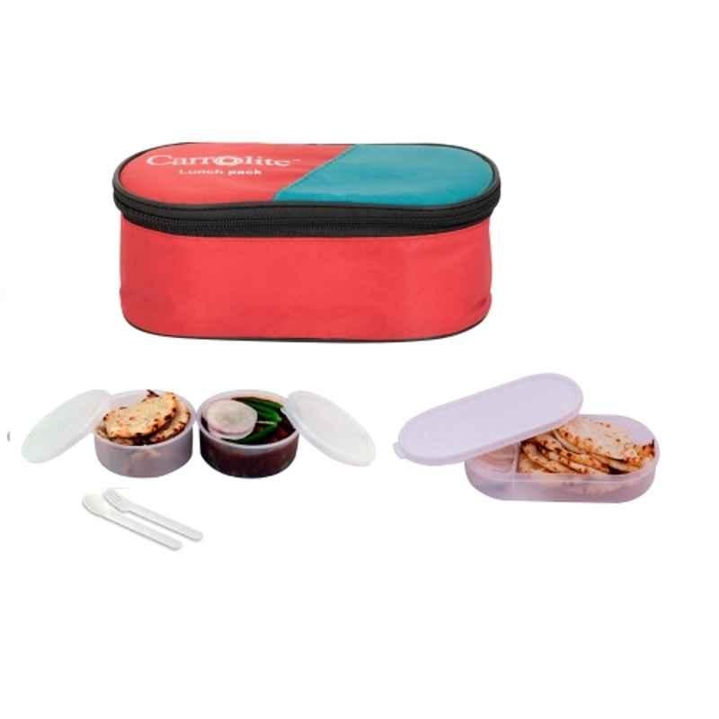 Carrolite 650ml 3-in-1 Red & White Plastic Lunchbox, White_P-39 (Pack of 5)