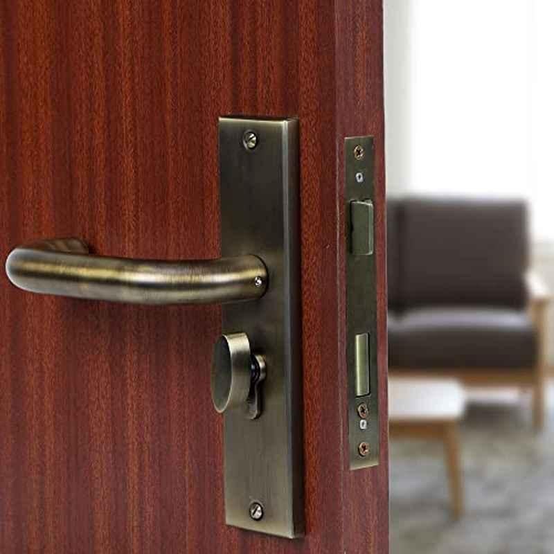 Voltizi 8 inch Stainless Steel 304 Antique Brass Finish Cylindrical Plate Mortise Door Lock Handle Set with One Side Key 60mm Brass Cylinder, MG-1103