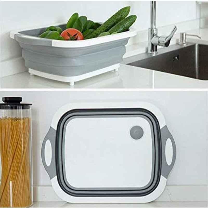 Freakonline Silicone White & Grey 3 in 1 Collapsible Chopping Board Wash Strain Drain Dish Sink Basket