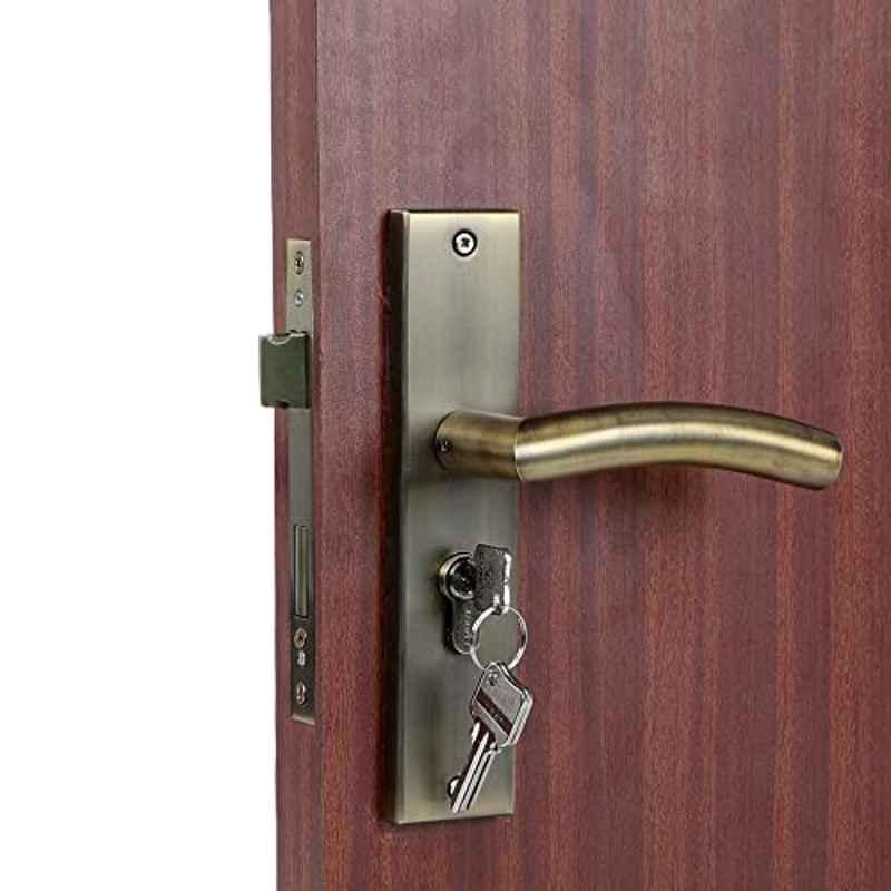 Saze 8 inch Stainless Steel 304 Antique Brass Finish Cylindrical Plate Mortise Door Lock Handle Set with One Side Key Cylinder & 3 Keys, SE-MG1105-8CYS-OSK-ANT