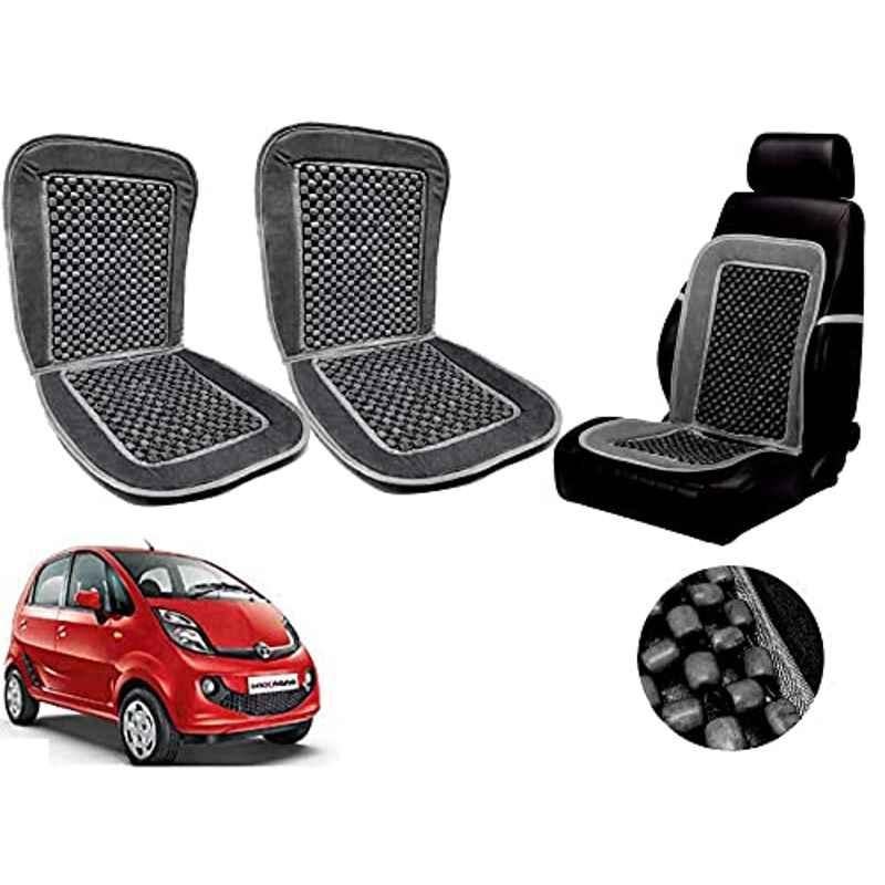 Auto Pearl PU, Velvet & Wooden Beads Grey Rectangular Seat Cushion for Tata Nano Genx (Pack of 2 )