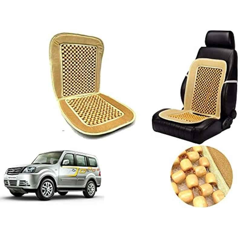 Auto Pearl PU, Velvet & Wooden Beads Beige Rectangular Seat Cushion for Tata Sumo Grande