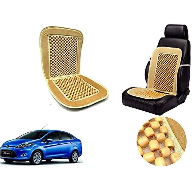 Auto Pearl PU, Velvet & Wooden Beads Beige Rectangular Seat Cushion for Ford Fiesta Old