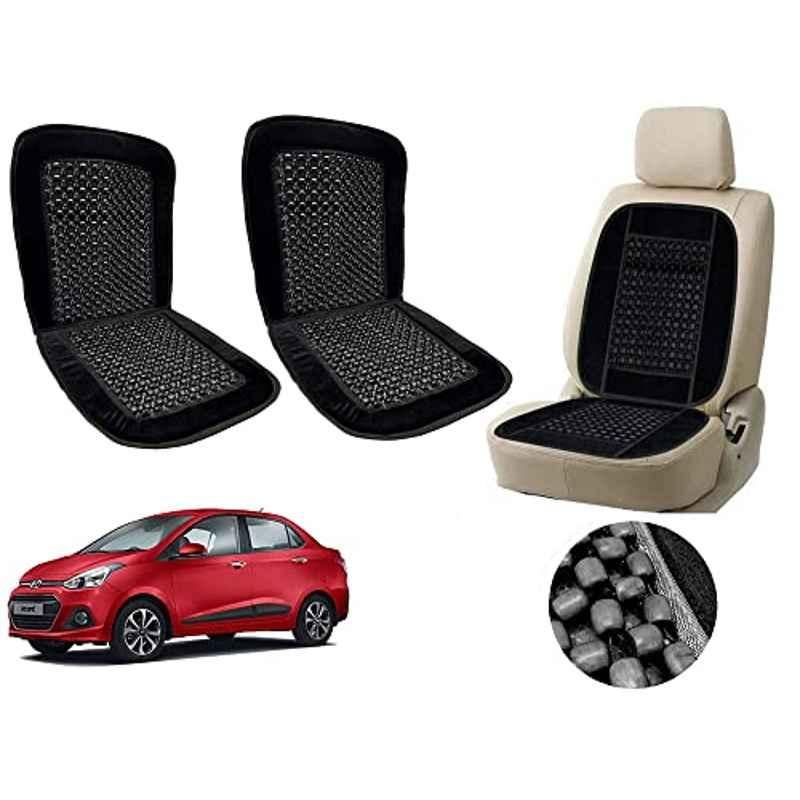 Auto Pearl PU, Velvet & Wooden Beads Black Rectangular Seat Cushion for Hyundai Xcent (Pack of 2 )