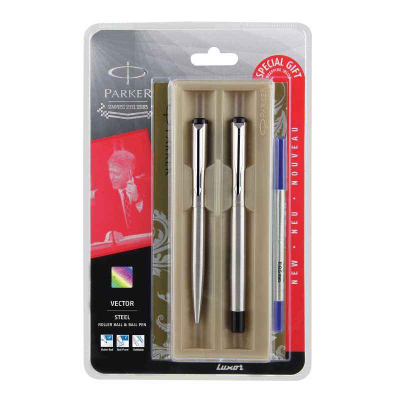 Parker Vector SS Chrome Trim Roller Ball Pen+Ball Pen with Free Gift Wrap Sleeve, 9000023630