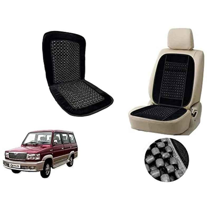 Auto Pearl PU, Velvet & Wooden Beads Black Rectangular Seat Cushion for Toyota Qualis