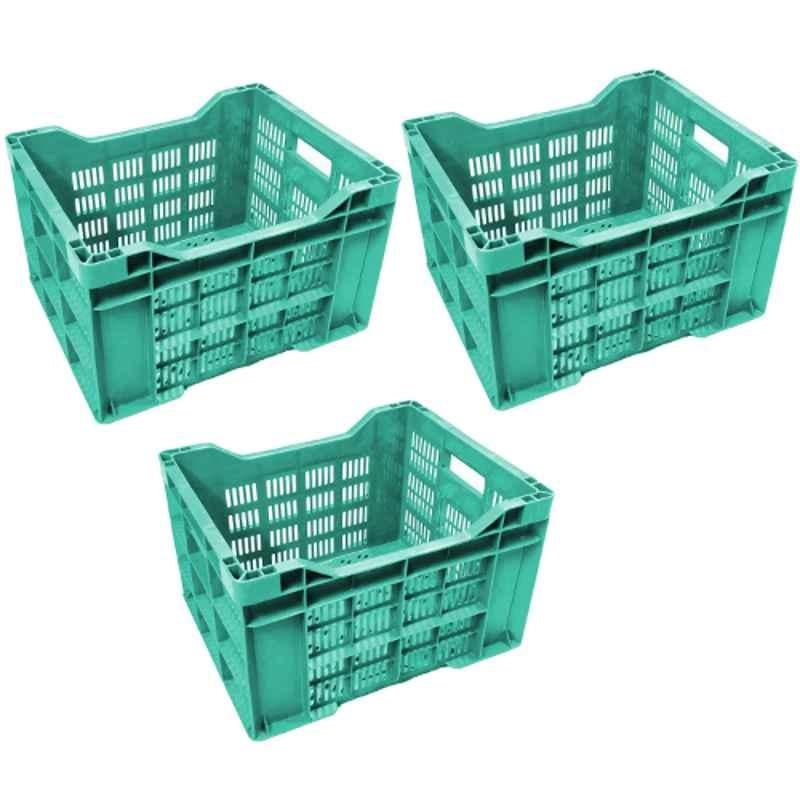 Xela 043 40x31x24cm Plastic Green Multipurpose Heavy Duty Portable Crate, (Pack of 3)