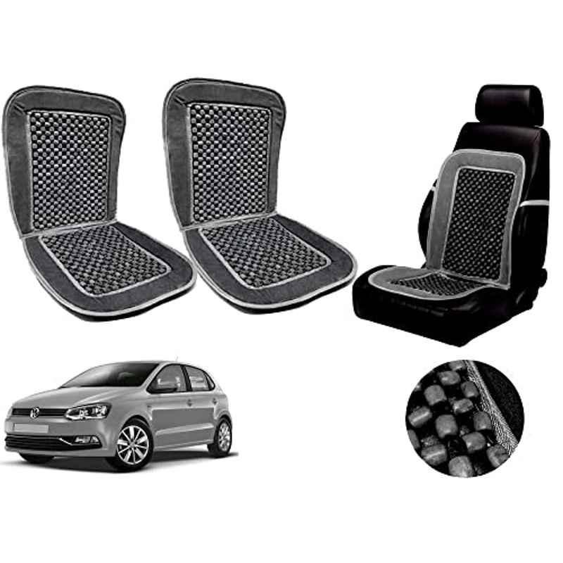 Auto Pearl PU, Velvet & Wooden Beads Grey Rectangular Seat Cushion for Volkswagen Polo Exquisite (Pack of 2 )