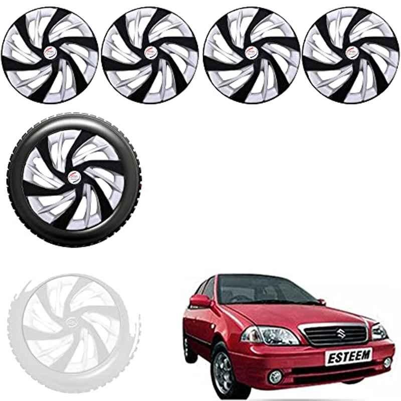 Auto Pearl 4 Pcs 13 inch Black & Silver ABS Press Type Hubcap Wheel Cover Set with Retention Ring for Maruti Suzuki Esteem