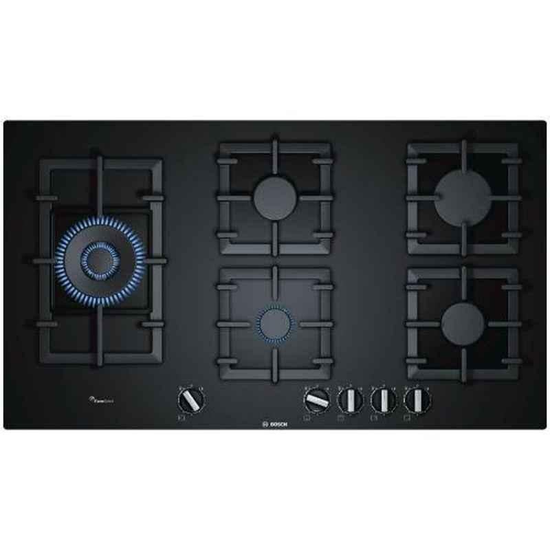 Bosch Serie-6 90cm 5 Burner Auto Ignition Black Tempered Glass Gas Hob, PPS9A6B90I