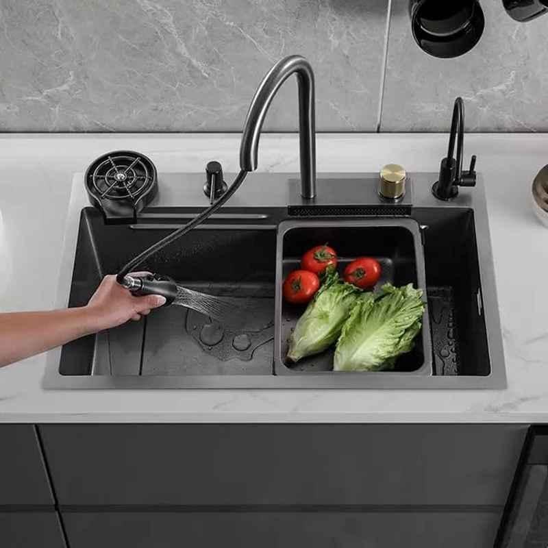 ZeeCry Stainless Steel 304 Single Bowl Kitchen Sink 30x18x10 inch Black Matt Multifunction with Anti Scratch Honeycombnet Design, 2 Drain SS Basket, Soap Dispenser, Cup Washer, RO Water Kit & Waterfall Faucet