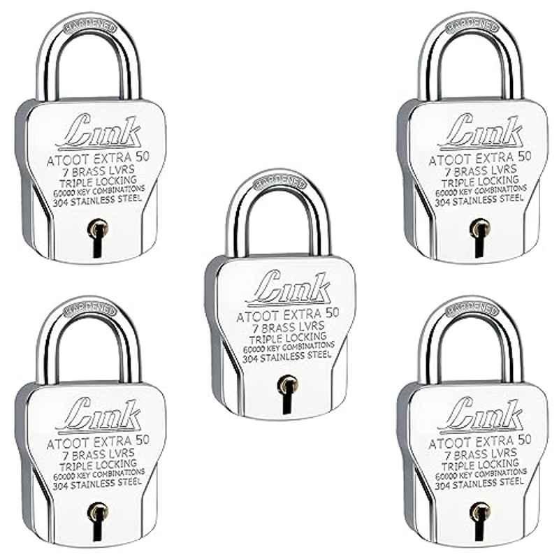 Link 50mm Stainless Steel Triple Locking Mechanism Padlock with 3 Silver Keys, Free Keychain & Free Key Hanger, Atoot Extra 50 (Pack of 5)