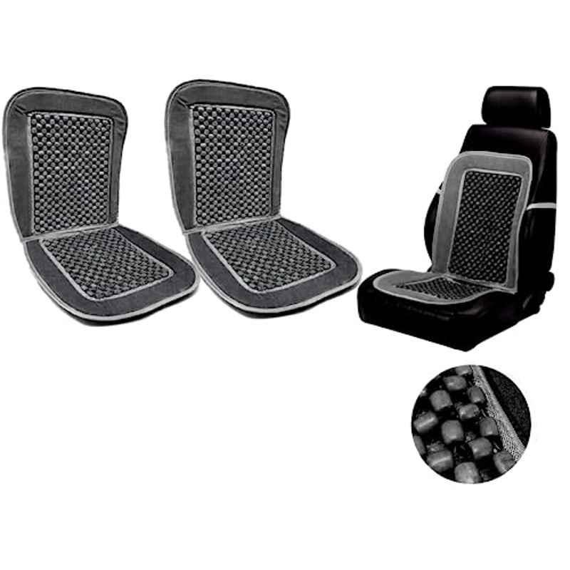 Auto Pearl PU, Velvet & Wooden Beads Grey Rectangular Seat Cushion for Toyota Wego (Pack of 2 )