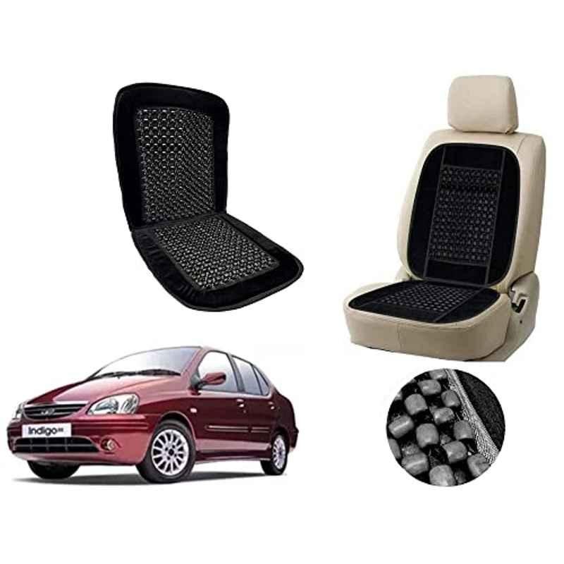 Auto Pearl PU, Velvet & Wooden Beads Black Rectangular Seat Cushion for Tata Indigo