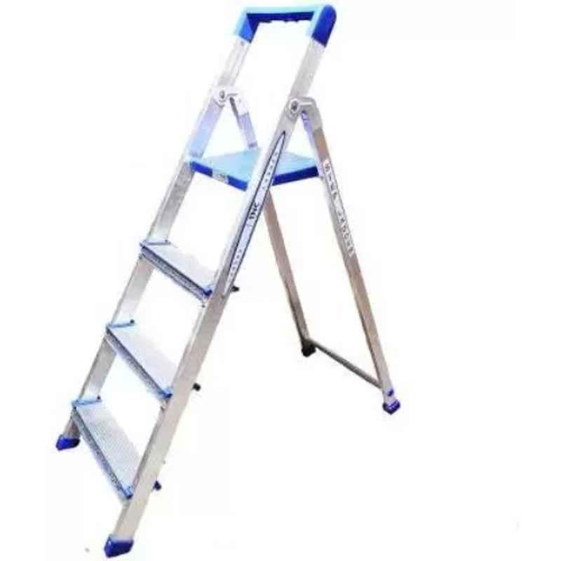 TNC Best 4U 120 kg 4 Steps Aluminium & Plastic Silver & Blue Foldable Ladder with Platform & Hand Rail, 4SL-N00106