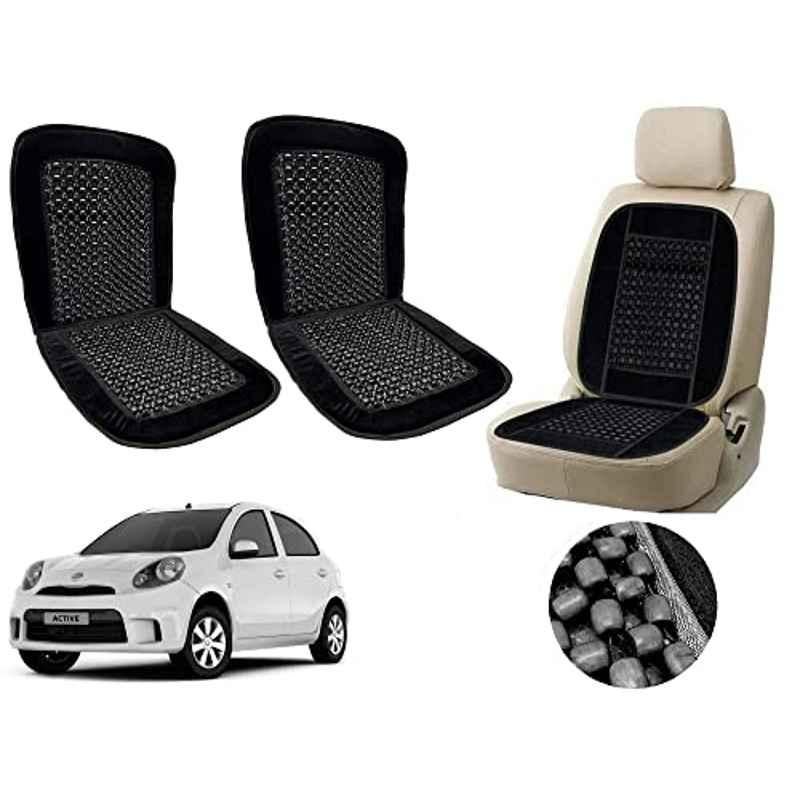 Auto Pearl PU, Velvet & Wooden Beads Black Rectangular Seat Cushion for Nissan Micra Active (Pack of 2 )