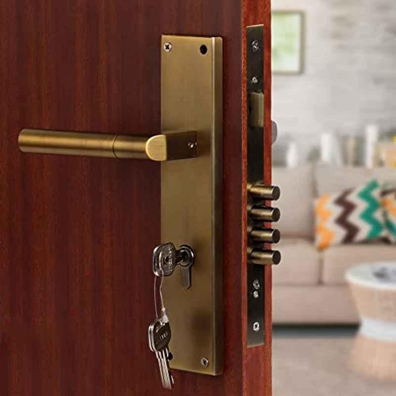 Saze 10 inch Stainless Steel Antique Brass Matt Finish Cylindrical Plate Mortise Door Lock Handle Set with 3 Keys, Mg303