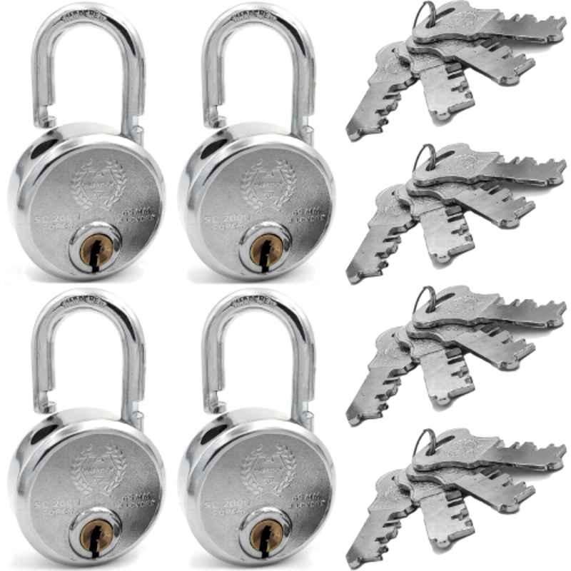 Harrison 65mm 8 Lever Mild Steel Bright Chrome Plated Finish Round Padlock with 4 Keys, SC-2000-0536 (Pack of 4)