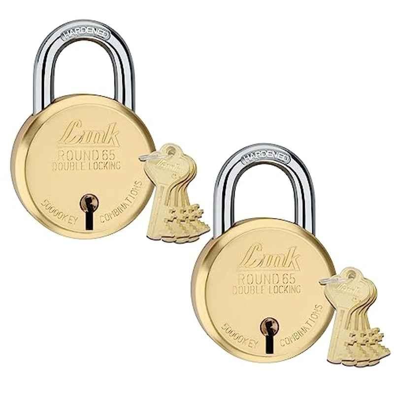 Link 65mm 8 Levers Gold Round Hardened Shackle Brass Padlock with Double Locking 4 Keys & Free Key Hanger (Pack of 2)
