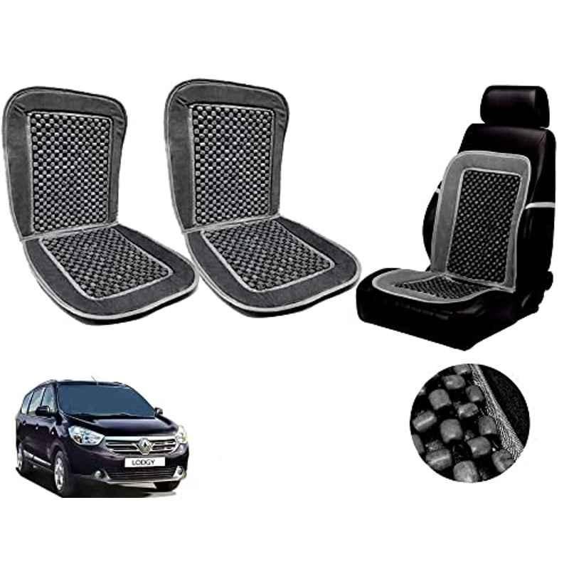 Auto Pearl PU, Velvet & Wooden Beads Grey Rectangular Seat Cushion for Renault Lodgy (Pack of 2 )