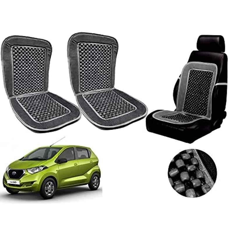 Auto Pearl PU, Velvet & Wooden Beads Grey Rectangular Seat Cushion for Nissan Redi Go (Pack of 2 )