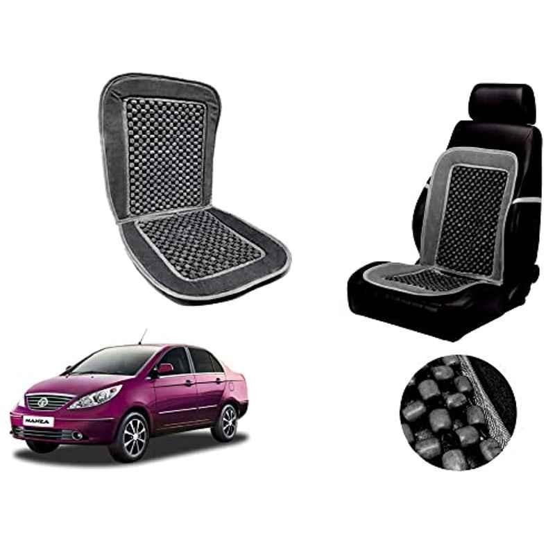 Auto Pearl PU, Velvet & Wooden Beads Grey Rectangular Seat Cushion for Tata Manza