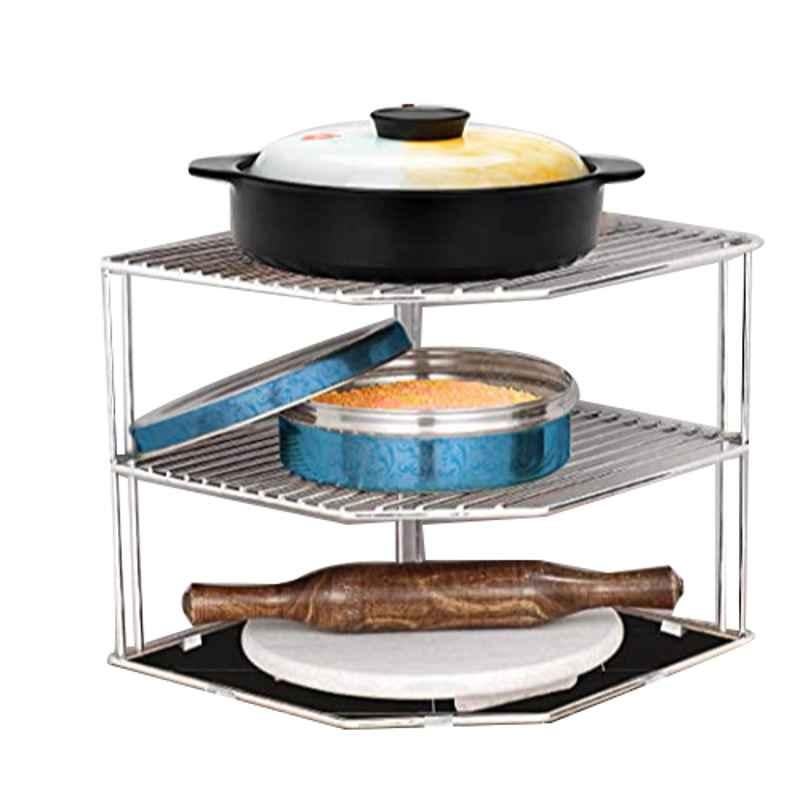 Plantex Stainless Steel Silver Floor Mount Multipurpose 3 Tier Kitchen Corner Storage Shelf, APS-140