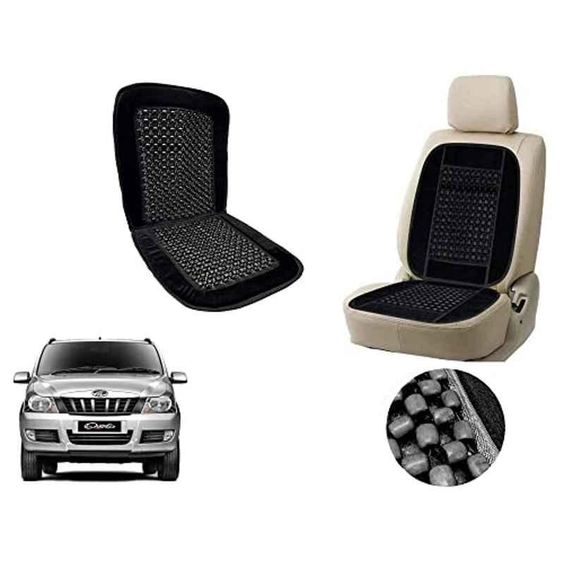 Auto Pearl PU, Velvet & Wooden Beads Black Rectangular Seat Cushion for Mahindra Quanto