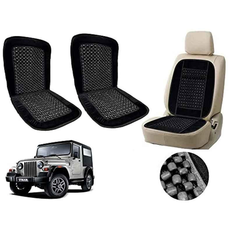 Auto Pearl PU, Velvet & Wooden Beads Black Rectangular Seat Cushion for Mahindra Thar (Pack of 2 )