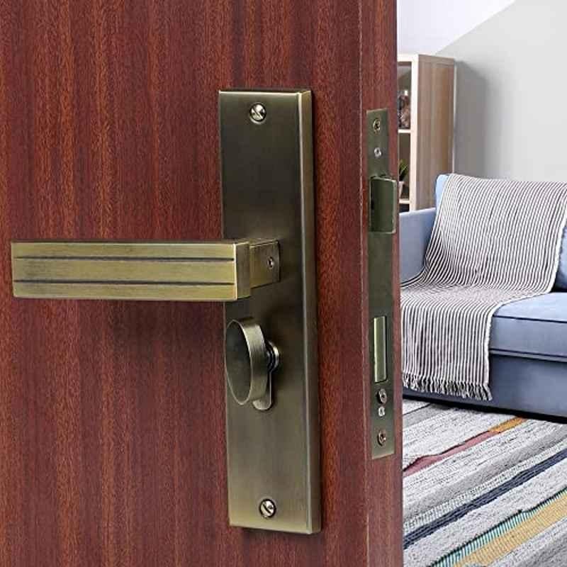 Saze Altroz 8 inch Stainless Steel Antique Brass Finish Cylindrical Plate One Side Key Mortise Door Lock Handle Set with 3 Keys
