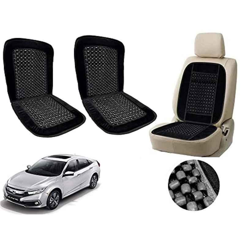 Auto Pearl PU, Velvet & Wooden Beads Black Rectangular Seat Cushion for Honda Civic 2019 (Pack of 2 )