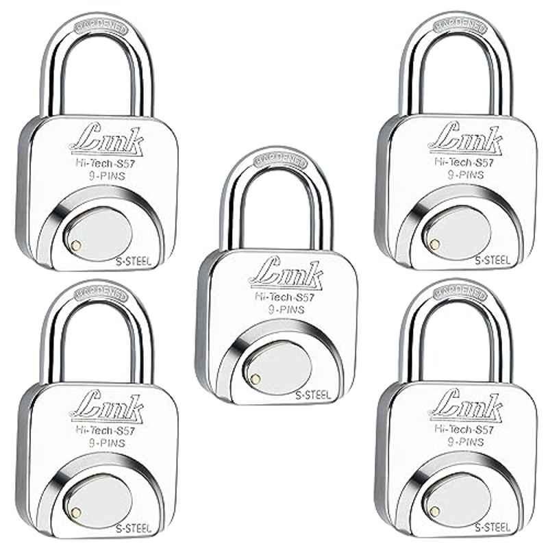Link 57mm Stainless Steel Hardened Shackle Padlock with 3 Silver Keys & Keychain, HT-S57-SS (Pack of 5)