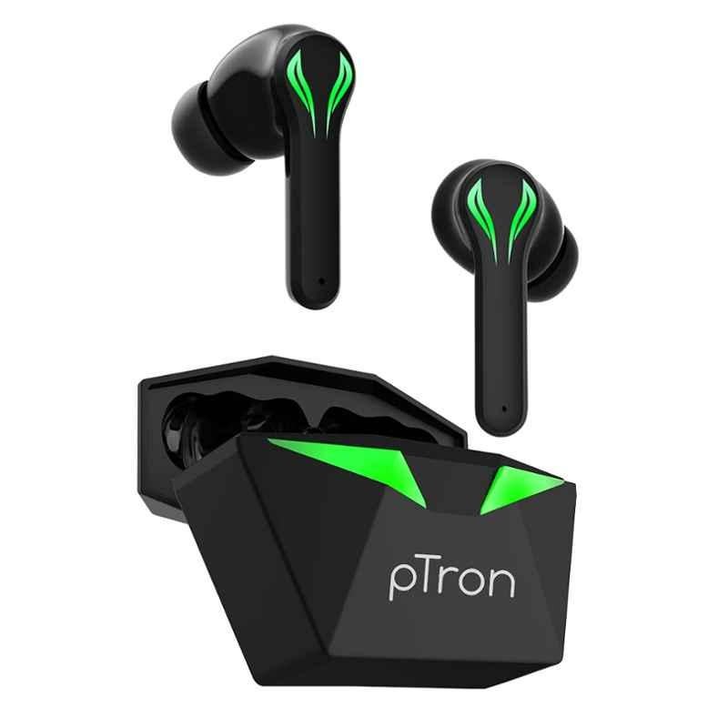 pTron Bassbuds Jade Black In-Ear Wireless Bluetooth Gaming Earbuds with Mic, 40hr Playtime, Deep Bass, Noise Cancellation & IPX4 Waterproof