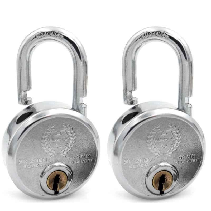 Harrison 65mm 8 Lever Mild Steel Bright Chrome Plated Finish Round Padlock with 4 Keys, SC-2000-0536 (Pack of 2)
