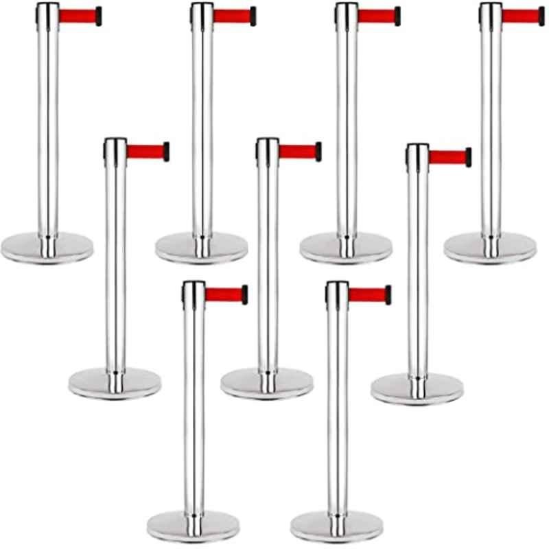 Ladwa 9 Pcs Red Queue Manager with 202 Grade Extendable 2.25m Hook Type Stanchions Barrier Accessories Steel Barricade Set