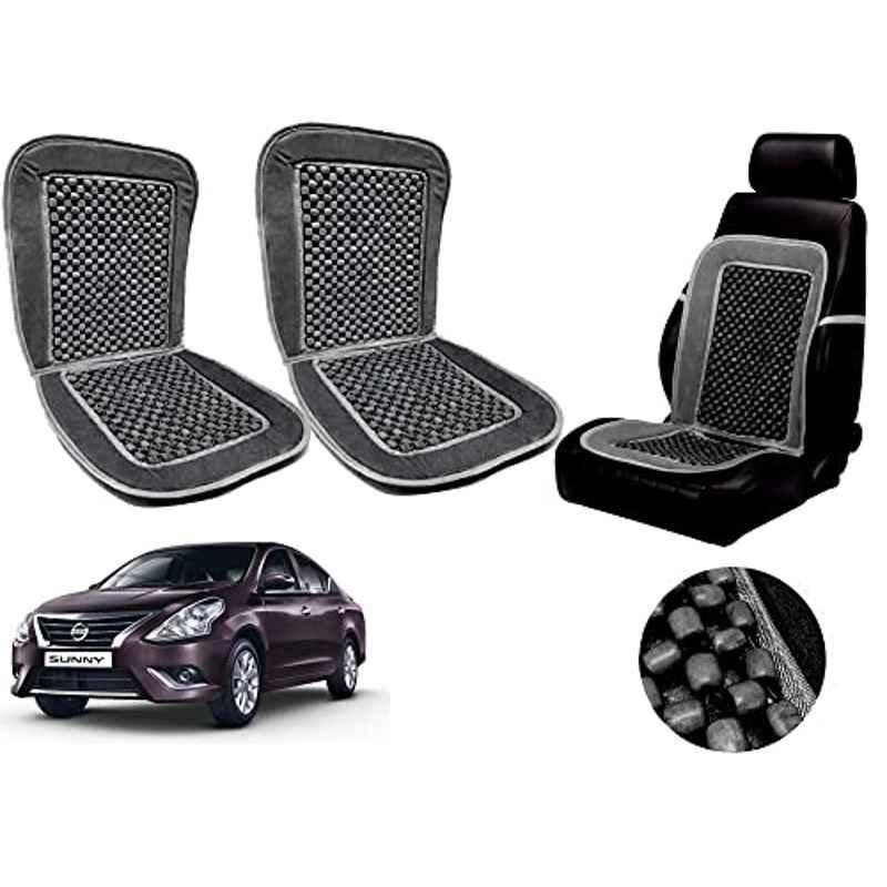 Auto Pearl PU, Velvet & Wooden Beads Grey Rectangular Seat Cushion for Nissan Sunny New (Pack of 2 )