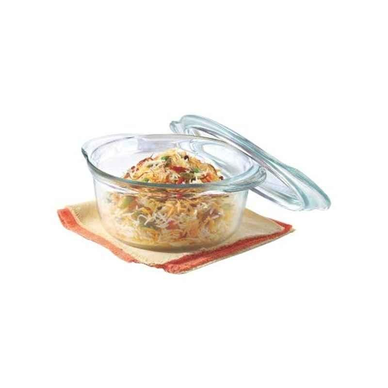 Borosil 1.2L Glass Transparent Deep Round Casserole with Flat Lid, IH22CA12212