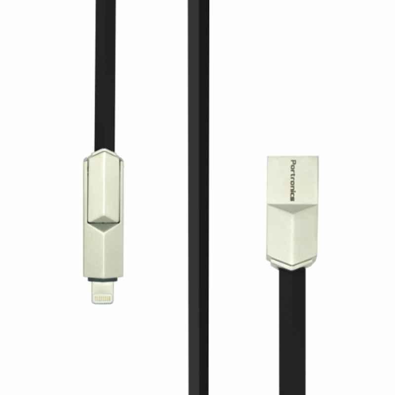 Portronics Konnect 2 in 1 1.2m Black USB Cable with Lightning & Micro USB, POR 850