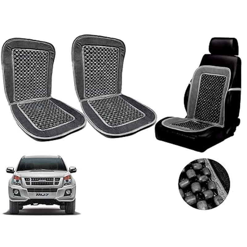 Auto Pearl PU, Velvet & Wooden Beads Grey Rectangular Seat Cushion for Isuzu MU-7 2014 (Pack of 2 )