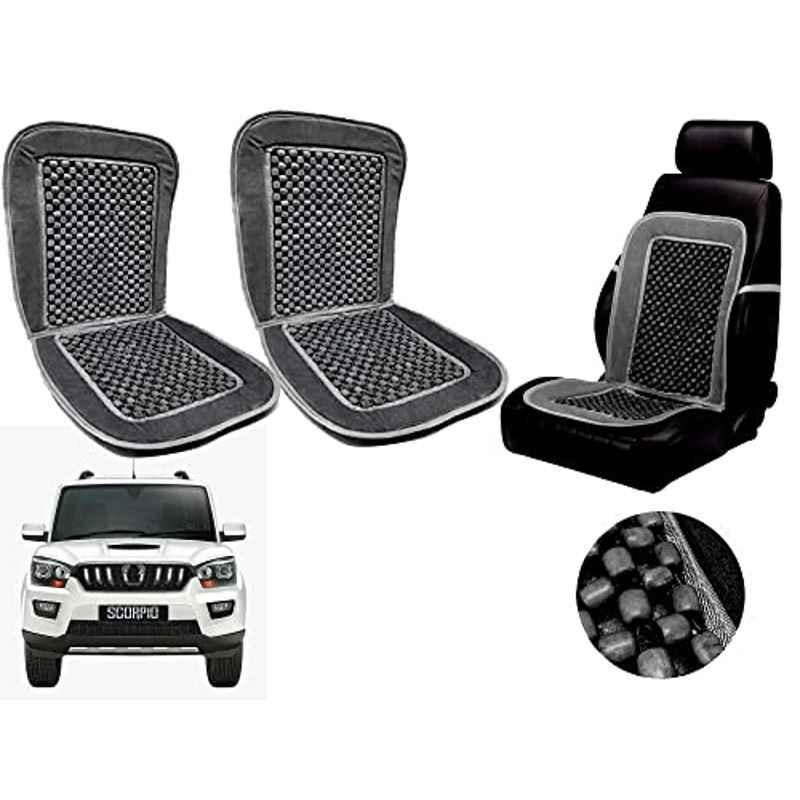 Auto Pearl PU, Velvet & Wooden Beads Grey Rectangular Seat Cushion for Mahindra New Scorpio (Pack of 2 )