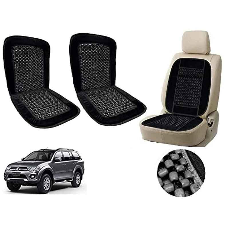 Auto Pearl PU, Velvet & Wooden Beads Black Rectangular Seat Cushion for Mitsubishi Pajero Sport (Pack of 2 )
