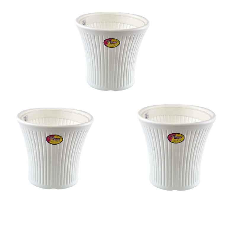 Rishta 9x10 inch Plastic White Round Poudha Planter Gamla Pot with Tray (Pack of 3)