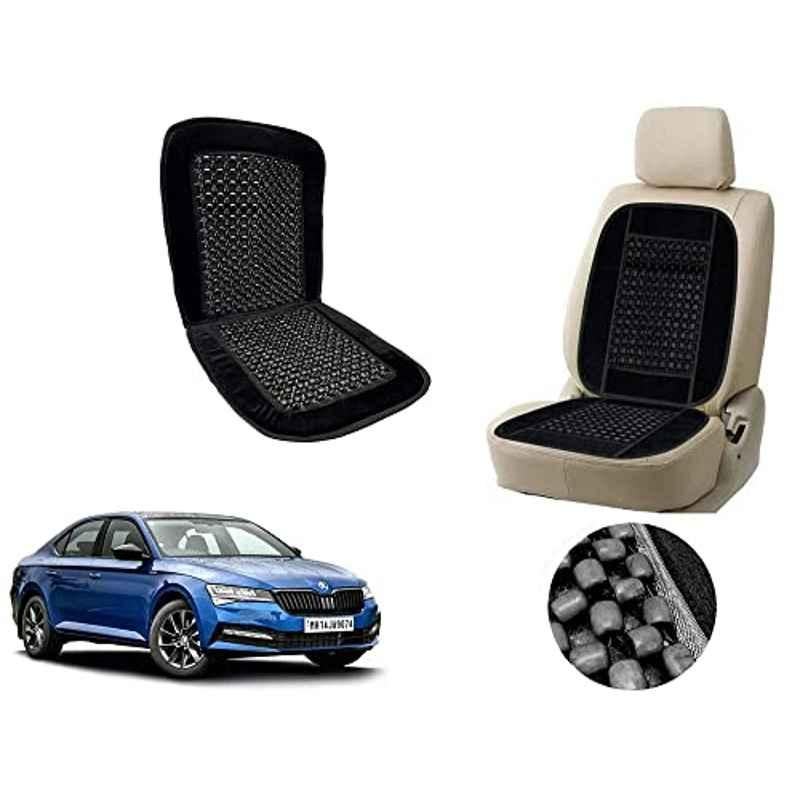 Auto Pearl PU, Velvet & Wooden Beads Black Rectangular Seat Cushion for Skoda Superb 2019
